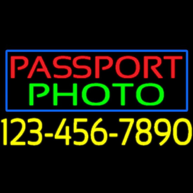 Passport Photo Blue Border With Phone Number Neon Sign