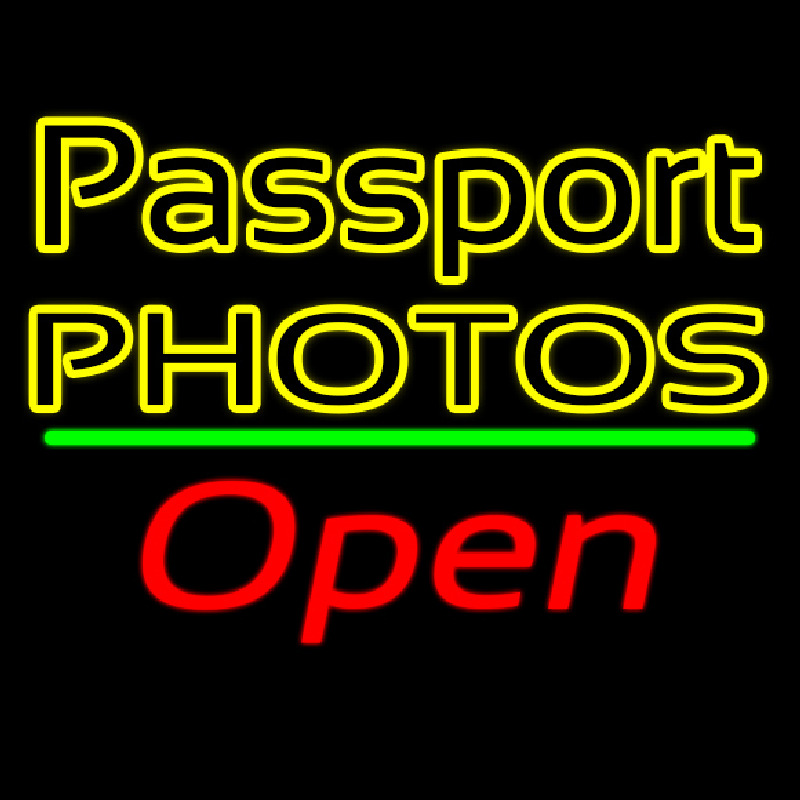 Passport Photos Block With Open 2 Neon Sign