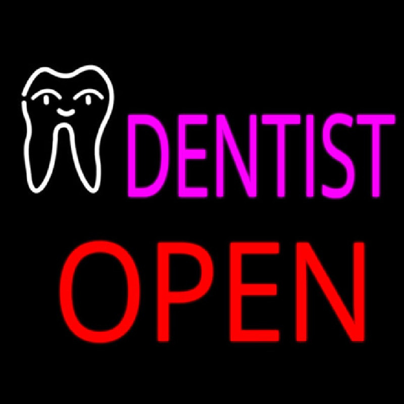 Pink Dentist Tooth Logo Block Open Neon Sign