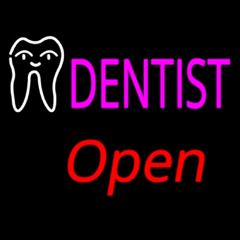 Pink Dentist White Tooth Open Neon Sign