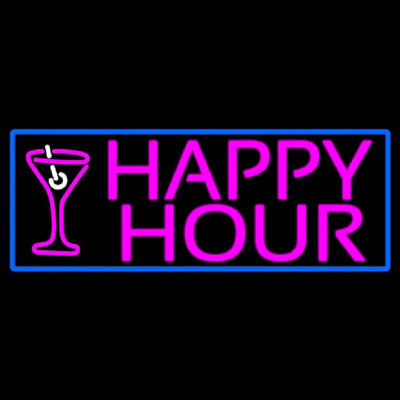 Pink Happy Hour And Wine Glass With Blue Border Neon Sign