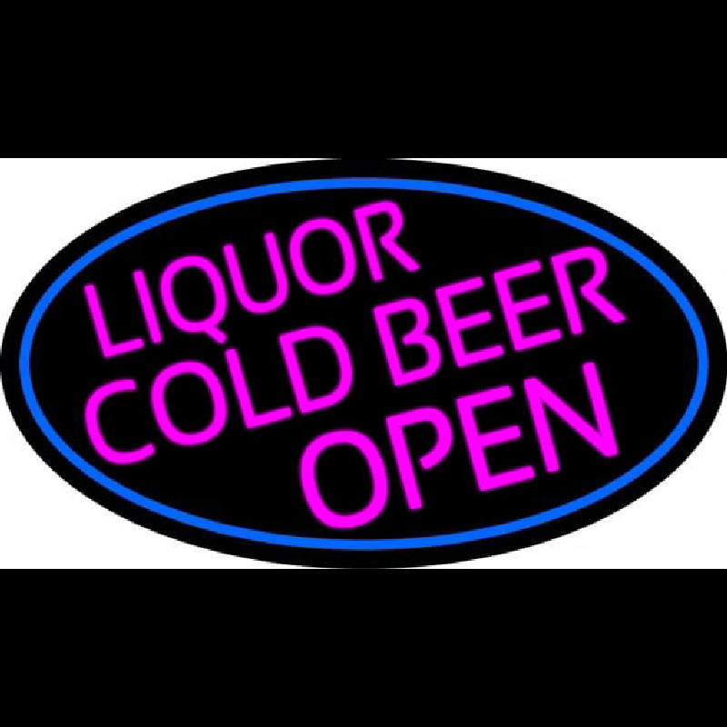 Pink Liquors Cold Beer Open Oval With Blue Border Neon Sign
