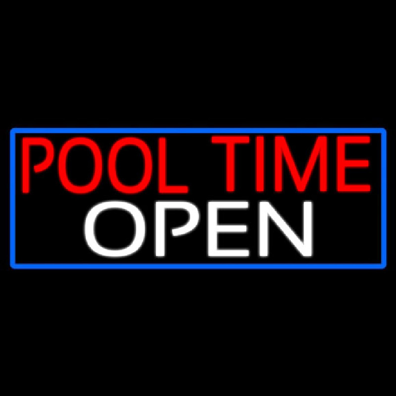 Pool Time Open With Blue Border Neon Sign