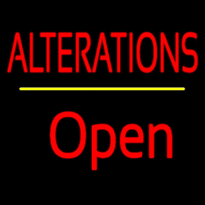 Red Alterations Yellow Line Open Neon Sign