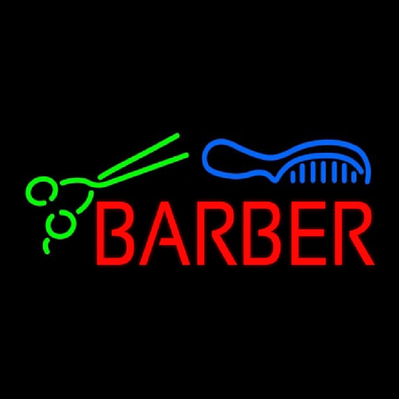 Red Barber With Comb And Scissor Neon Sign