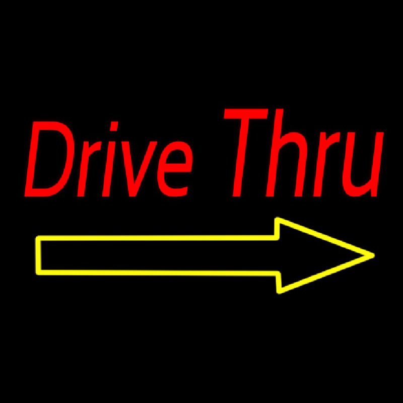 Red Double Stroke Drive Thru With Yellow Arrow Neon Sign