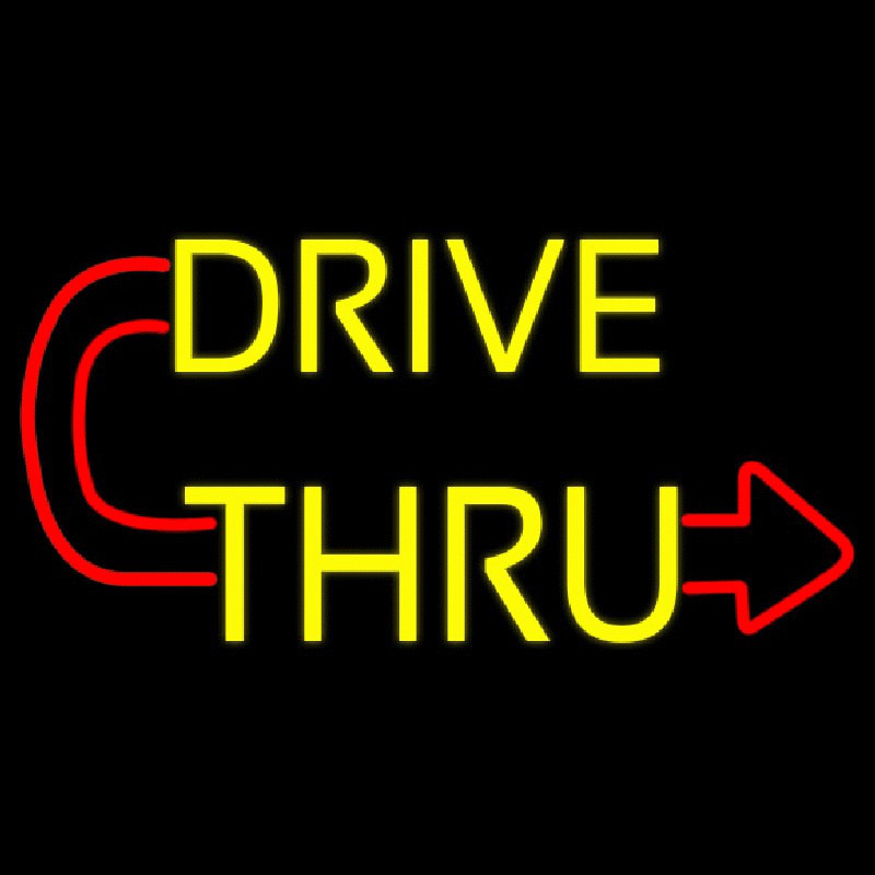 Red Drive Thru With Curved Arrow Neon Sign