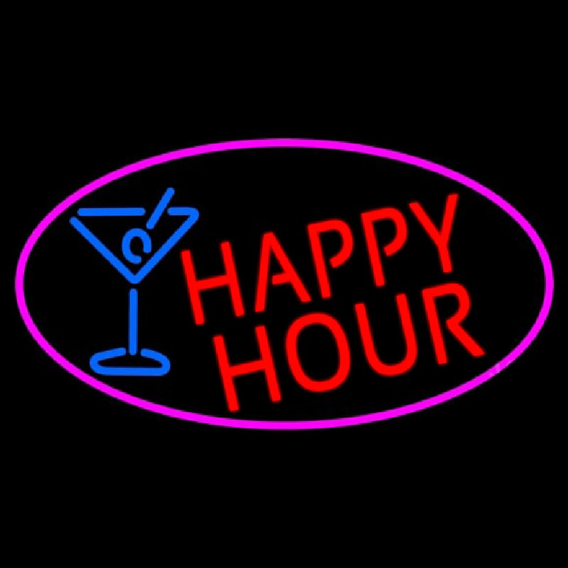 Red Happy Hour And Wine Glass Oval With Pink Border Neon Sign