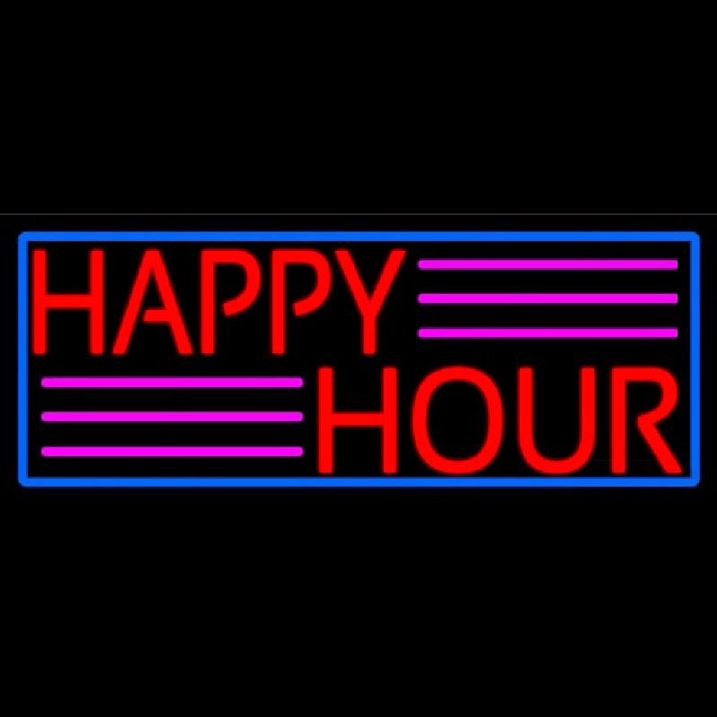 Red Happy Hour With Blue Border Neon Sign