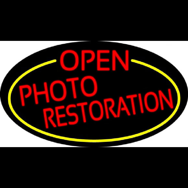 Red Open Photo Restoration Oval With Yellow Border Neon Sign
