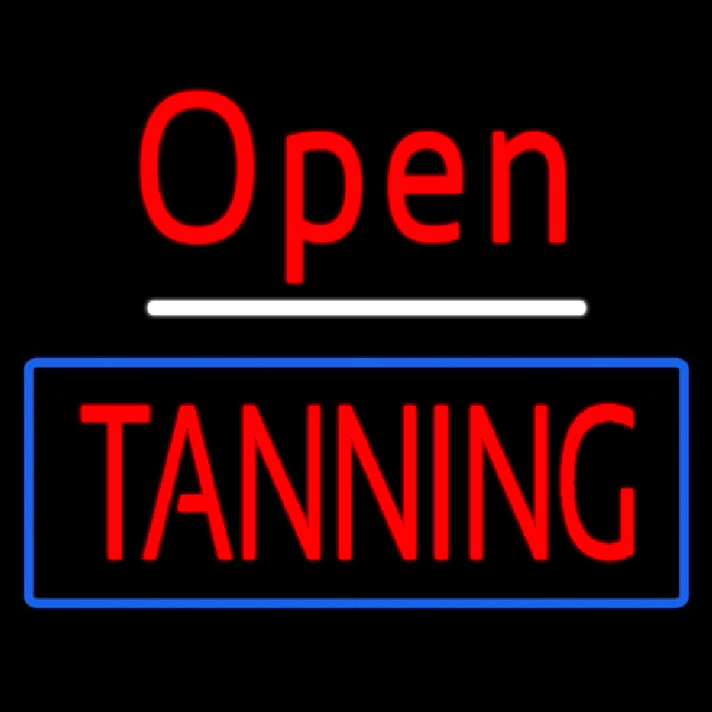 Red Open Tanning Blue Border Neon Sign