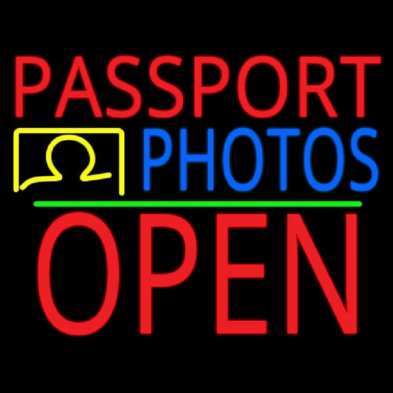 Red Passport Blue Photos With Open 1 Neon Sign