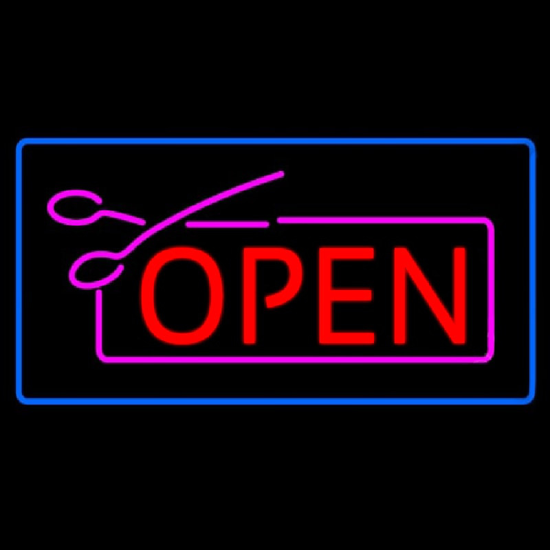 Red Pink Open With Scissors Blue Border Neon Sign