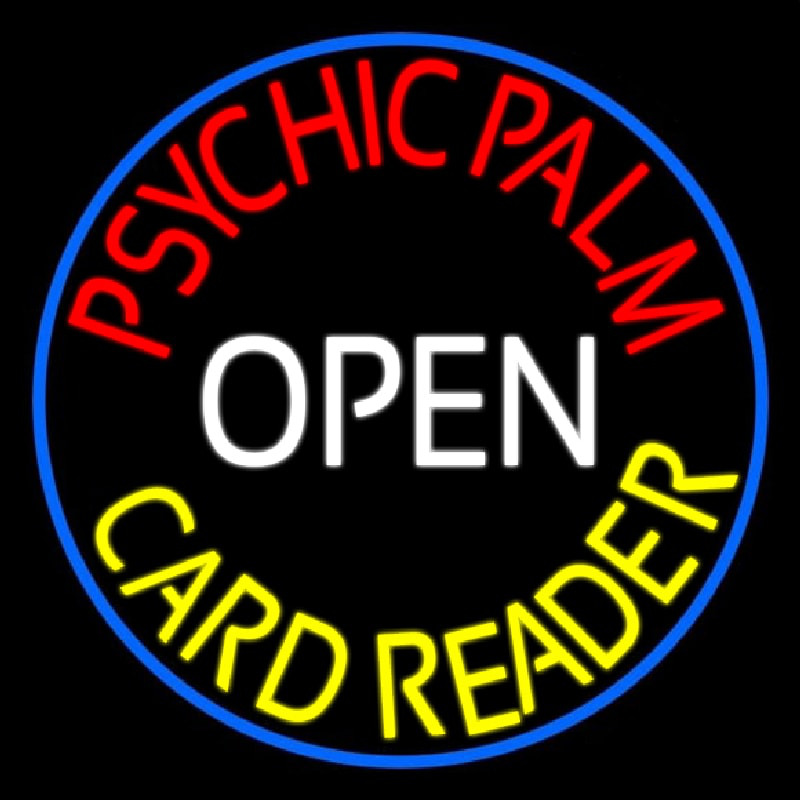 Red Psychic Palm Yellow Card Reader White Open Neon Sign