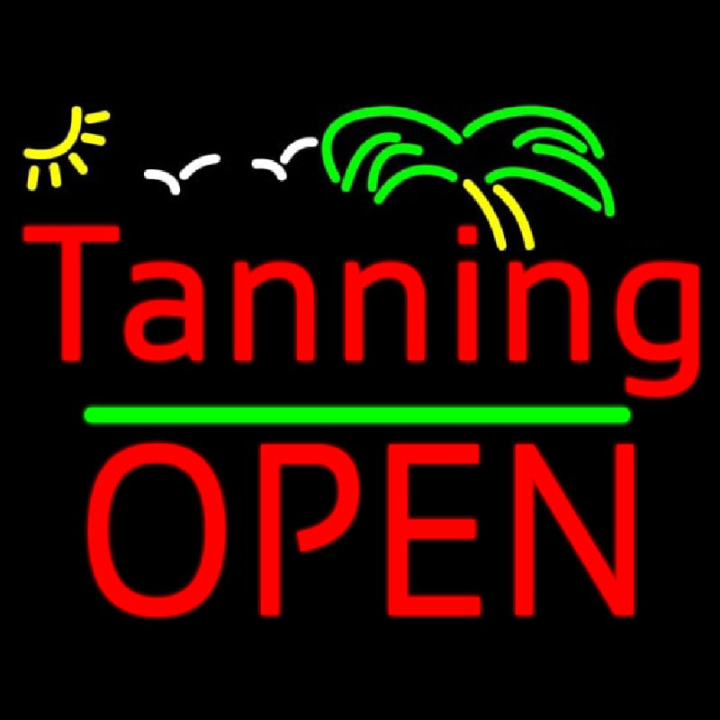 Red Tanning Block Open Palm Tree Neon Sign