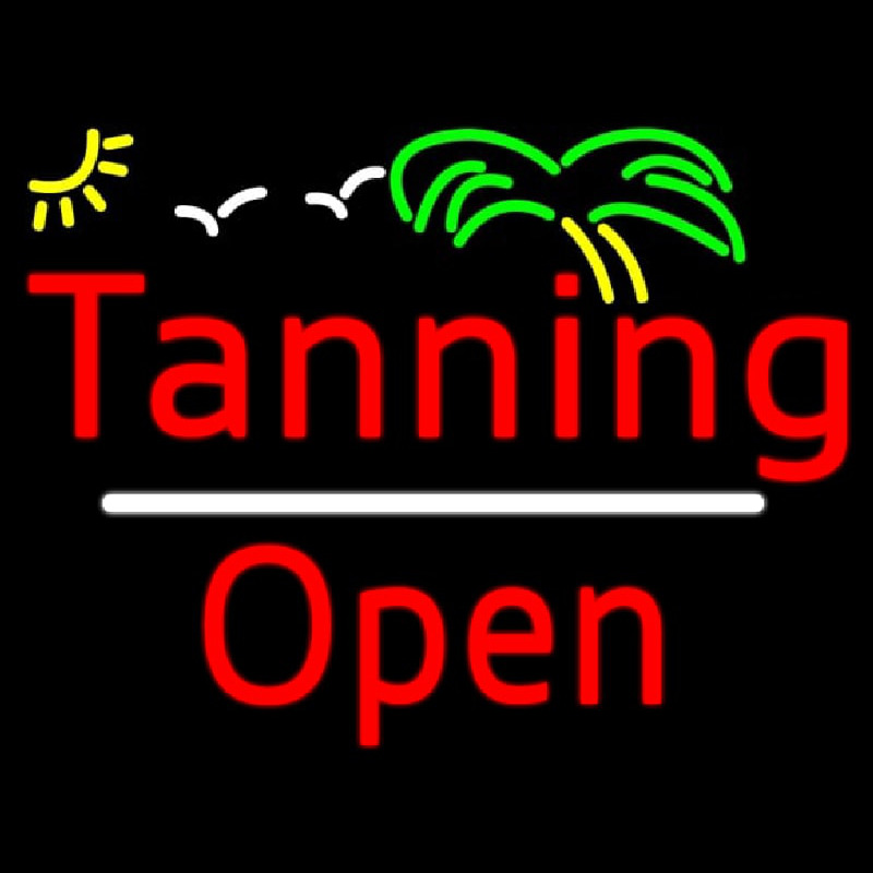 Red Tanning Open White Line With Palm Tree Neon Sign