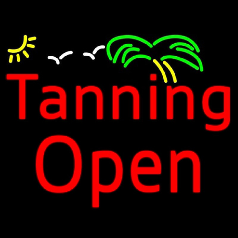 Red Tanning Open With Palm Tree Neon Sign