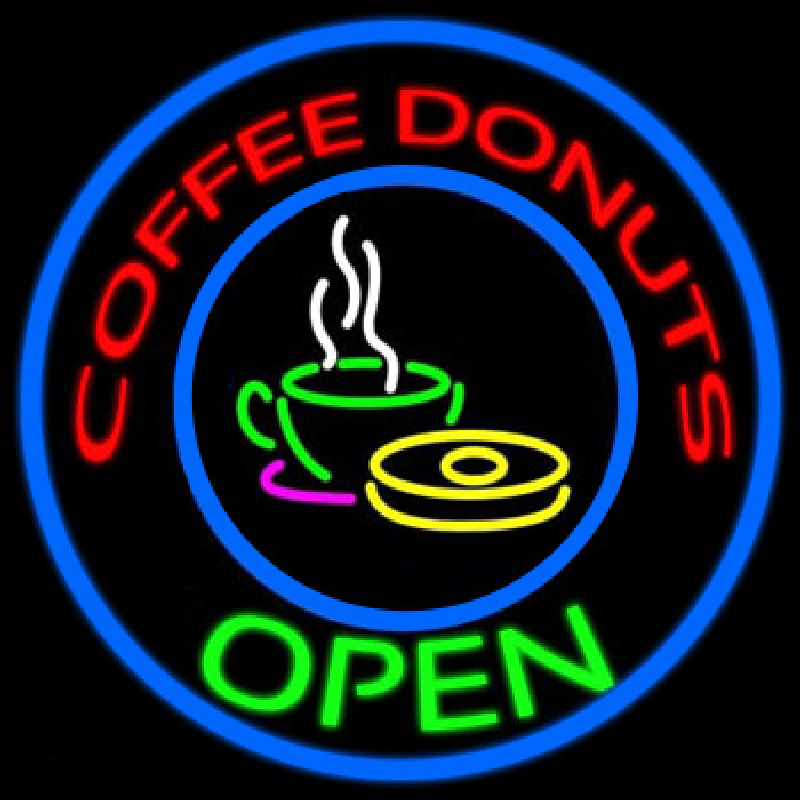 Round Red Coffee Donuts Open Neon Sign