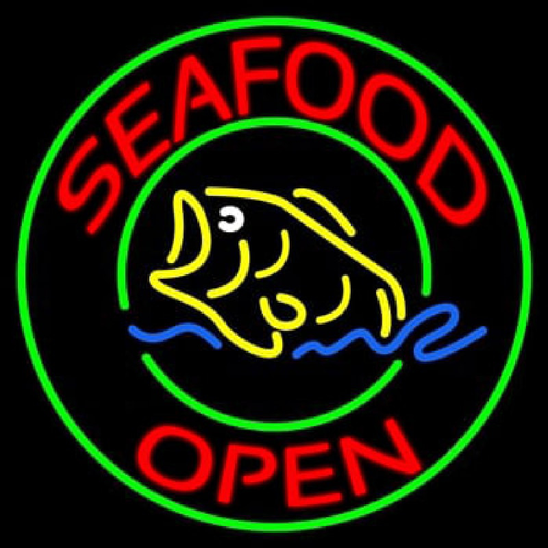 Round Seafood Open  Neon Sign