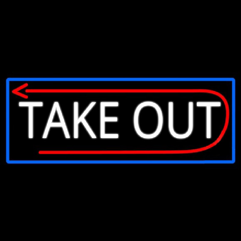 Take Out And Arrow With Blue Border Neon Sign