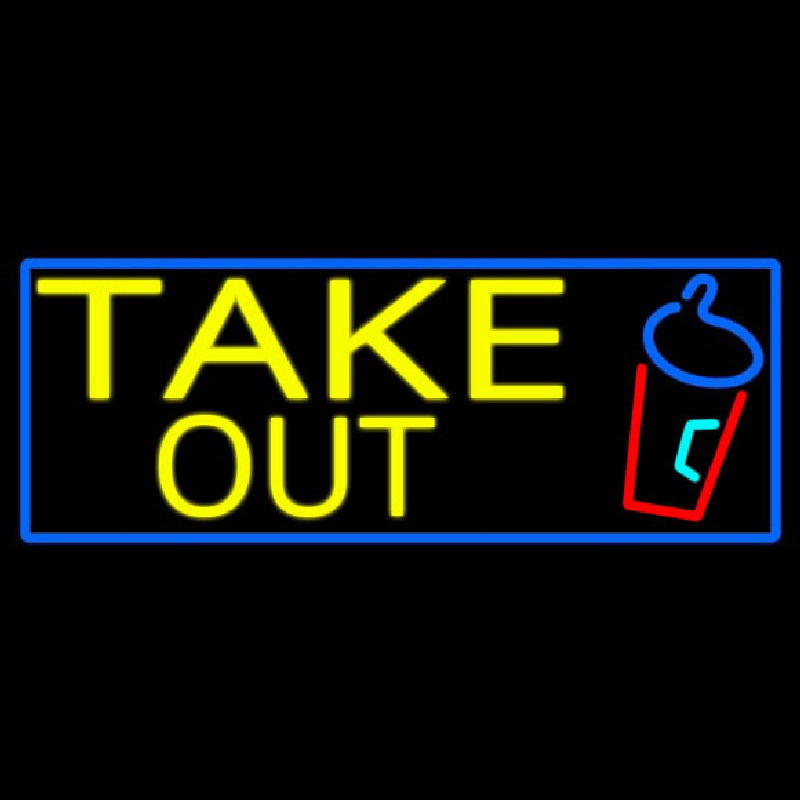 Take Out And Wine Glass With Blue Border Neon Sign
