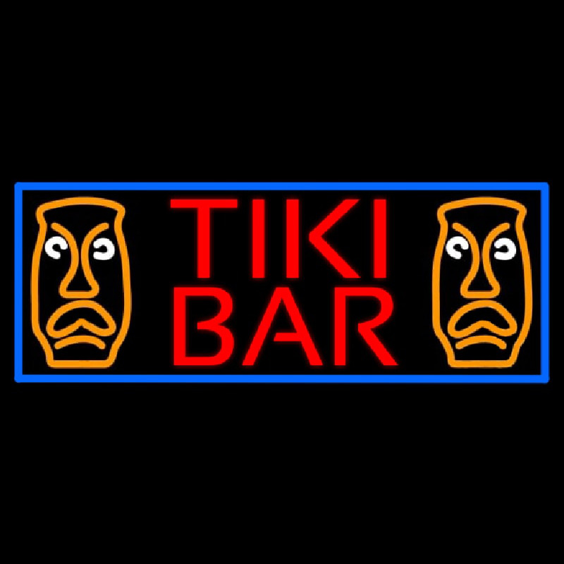 Tiki Bar Sculpture With Blue Border Neon Sign