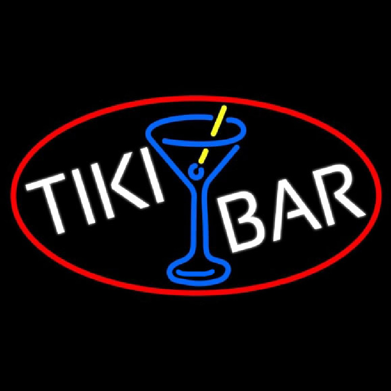 Tiki Bar Wine Glass Oval With Red Border Neon Sign
