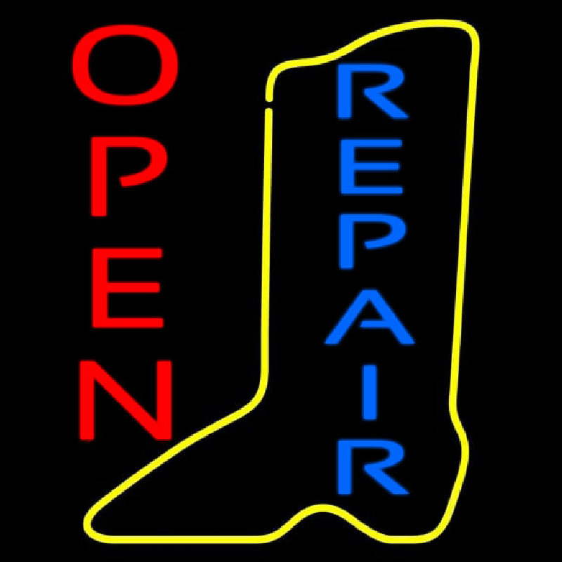 Vertical Yellow Shoe Blue Repair Open Neon Sign