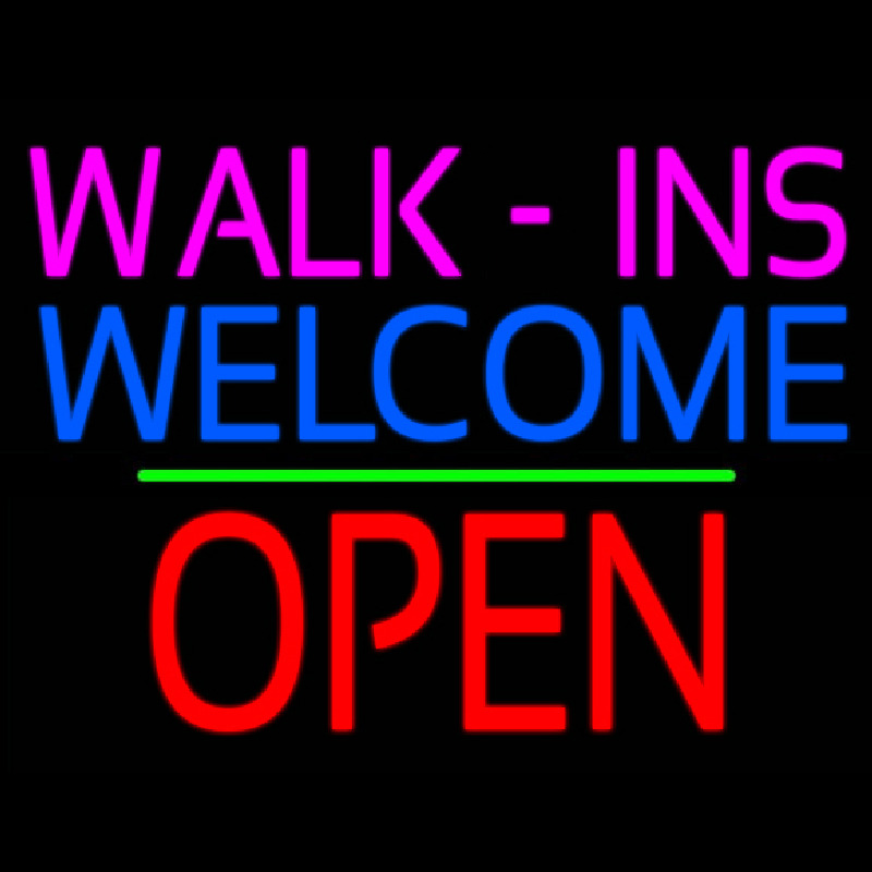 Walk Ins Welcome Block Open Green Line Neon Sign