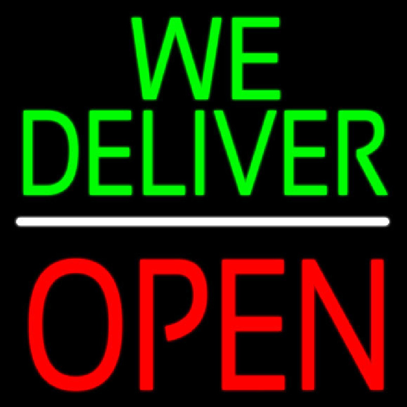 We Deliver Open Block White Line Neon Sign