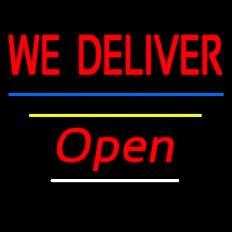 We Deliver Open Blue And Yellow Line Neon Sign