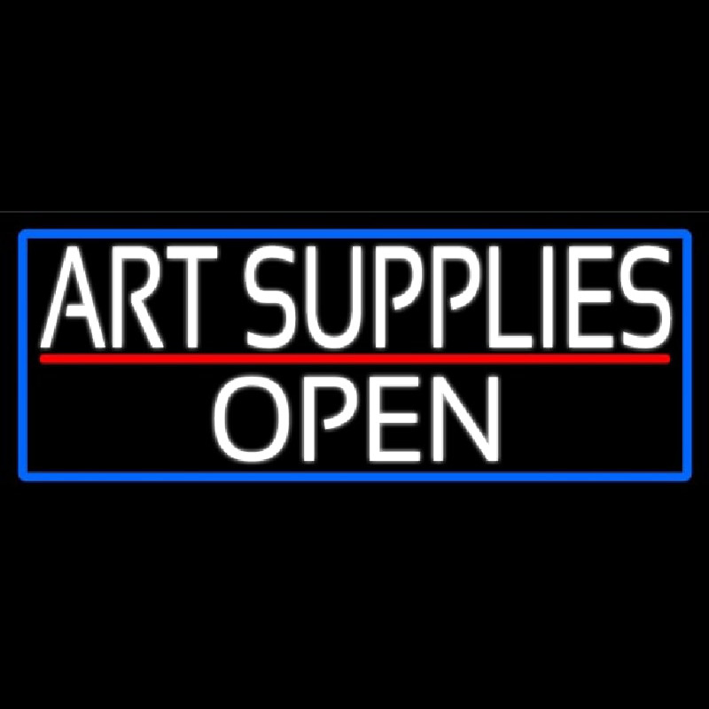 White Art Supplies Open With Blue Border Neon Sign