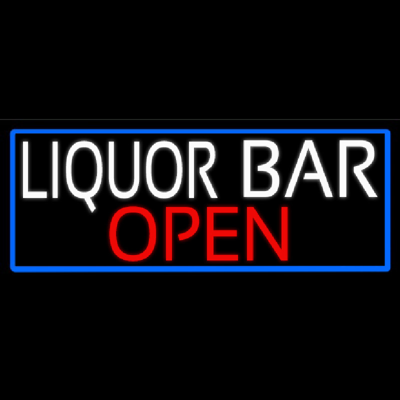 White Liquor Bar Open With Blue Border Neon Sign