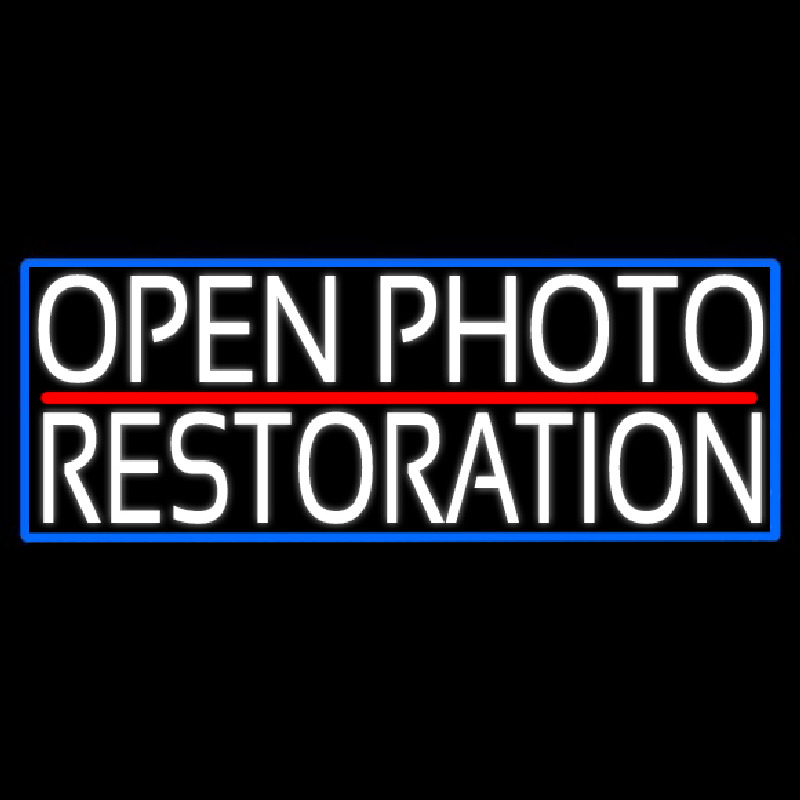 White Open Photo Restoration With Blue Border Neon Sign