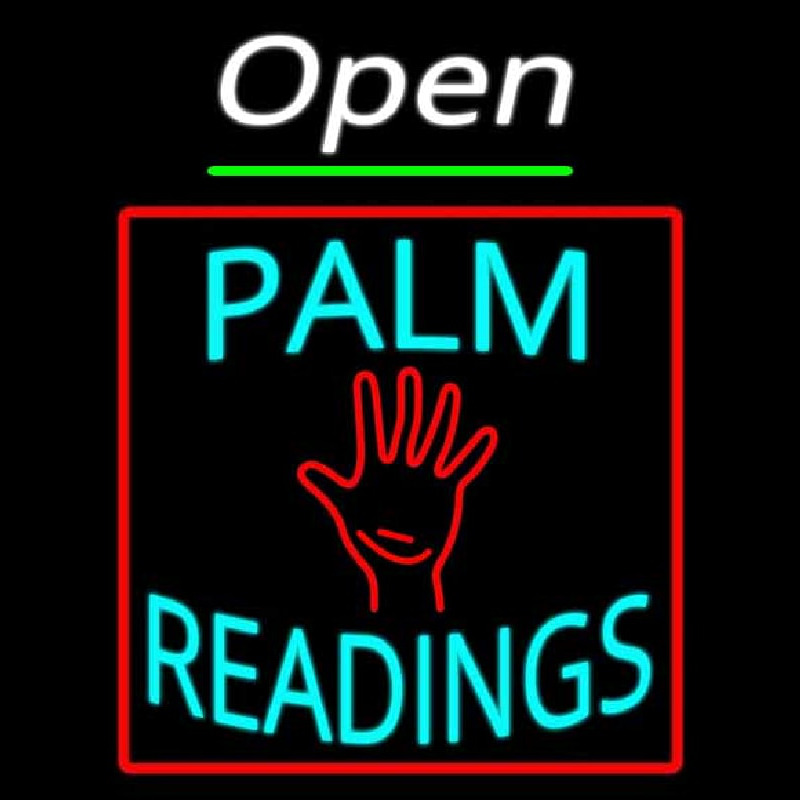 White Open Turquoise Palm Readings Red Border Neon Sign