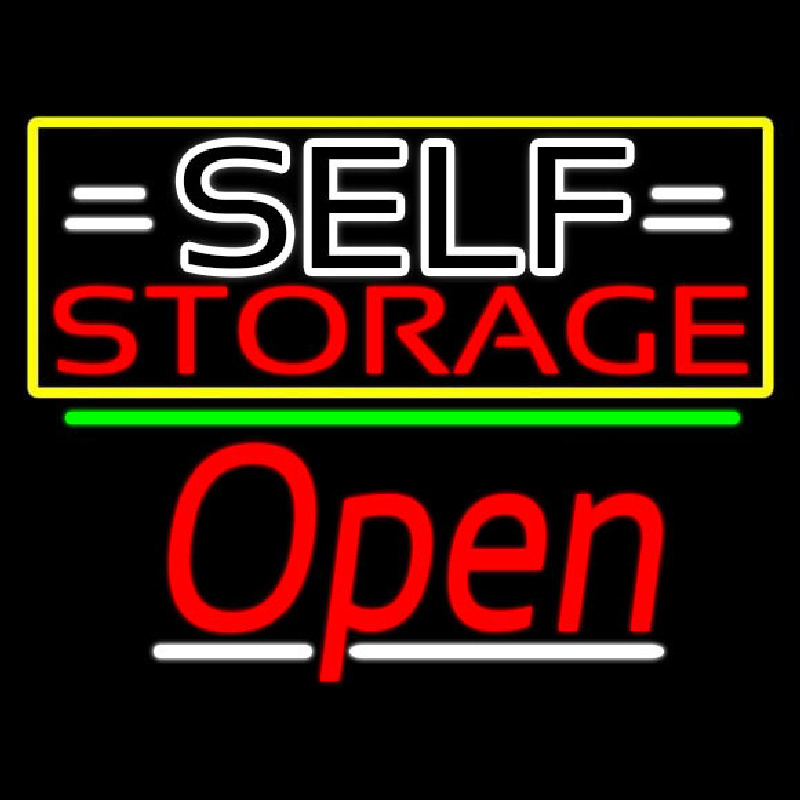 White Self Storage Block With Open 3 Neon Sign