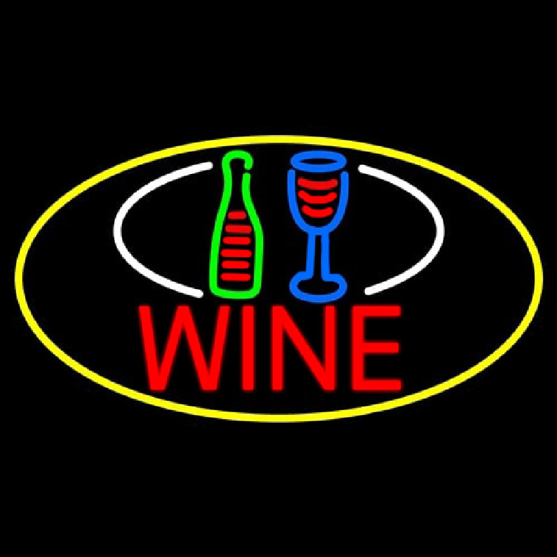 Wine Bottle Glass Oval With Yellow Border Neon Sign