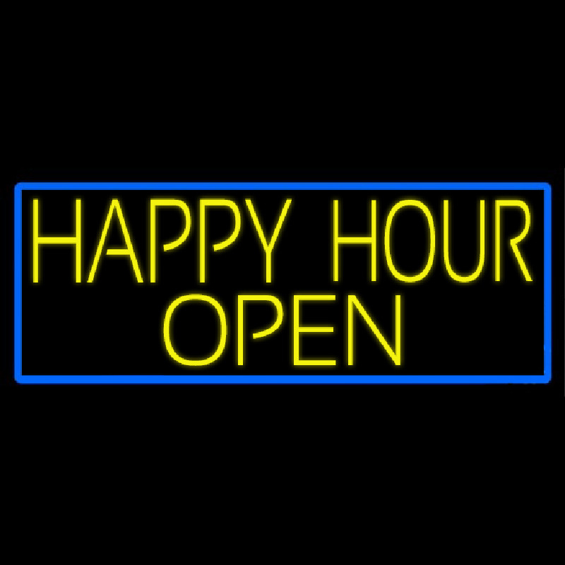 Yellow Happy Hour Open With Blue Border Neon Sign