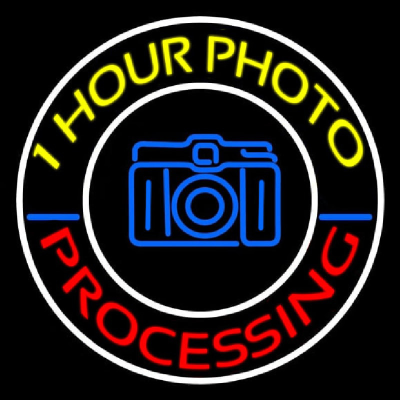 Yellow One Hour Photo Processing Neon Sign