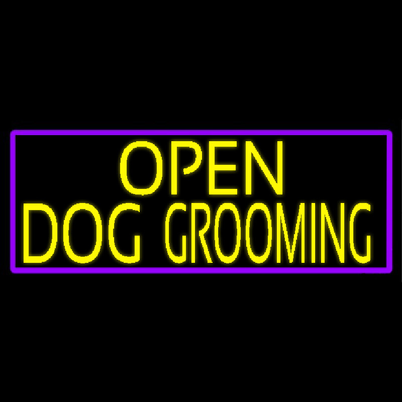 Yellow Open Dog Grooming With Purple Border Neon Sign