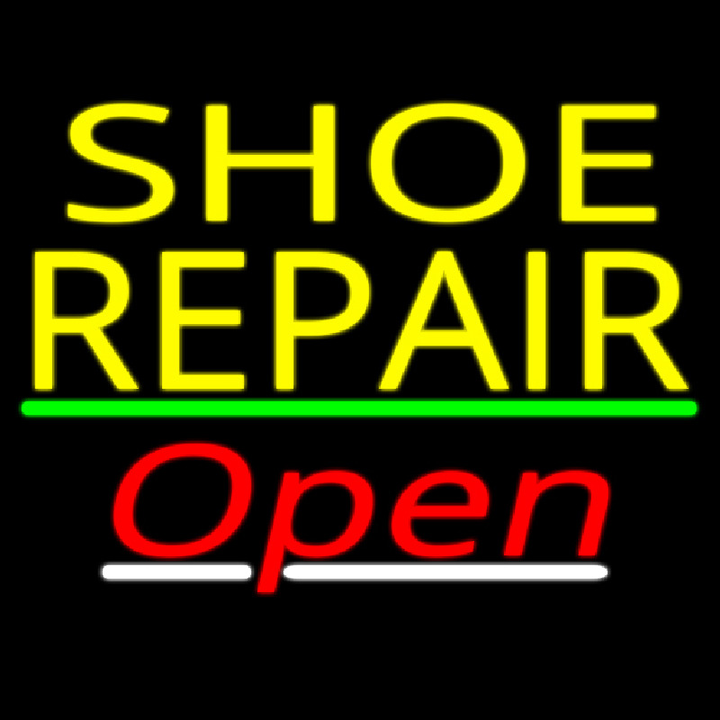 Yellow Shoe Repair Open With Green Line Neon Sign