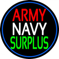 Army Navy Surplus Blue Round Neon Sign