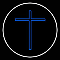 Blue Christian Cross White Border Neon Sign