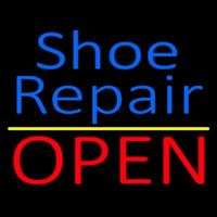 Blue Shoe Repair Open With Yellow Line Neon Sign