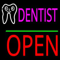 Dentist Logo Block Open Green Line Neon Sign