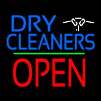 Dry Cleaners Logo Block Open Green Line Neon Sign