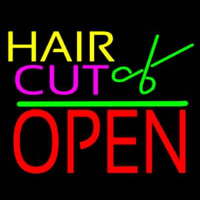 Hair Cut Logo Block Open Green Line Neon Sign