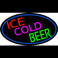 Ice Cold Beer Oval With Blue Border Neon Sign