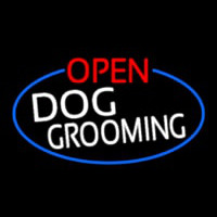 Open Dog Grooming Oval With Blue Border Neon Sign