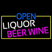 Open Liquor Beer Wine With Yellow Border Neon Sign